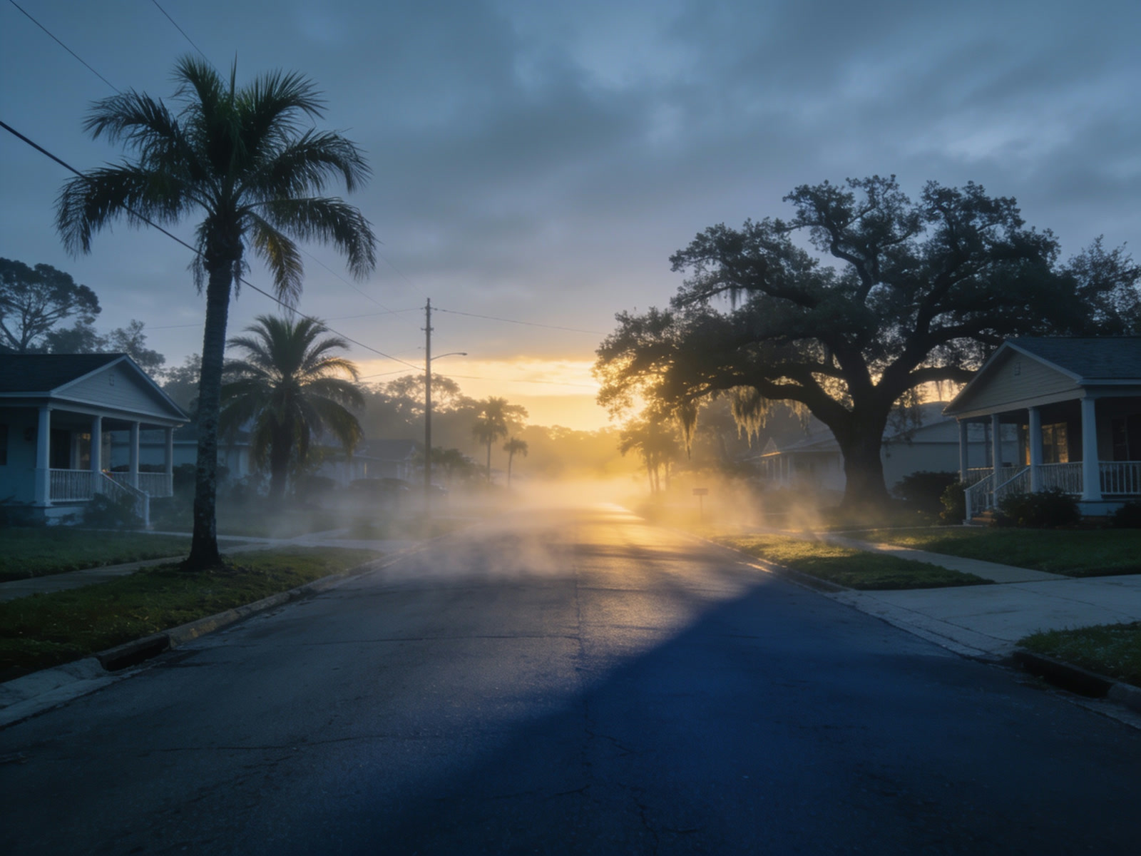 First light down a Florida neighbourhood street lined with palms and live oaks